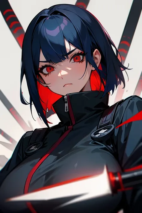 Aim for the red eye, Bob Hair, Navy Blue Hair, Large Breasts, Portraiture, cute.Black Ninja Uniform,Anxious face,Two knives,