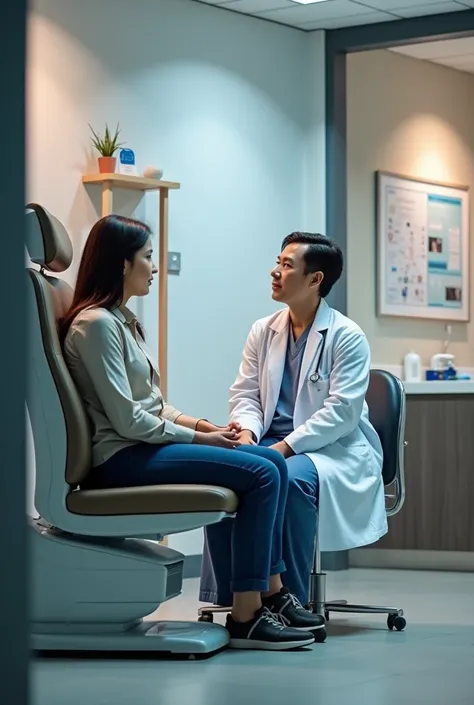 A patient consulting with a doctor in a modern clinic, warm lighting, professional environment, wide angle lens, HdR."