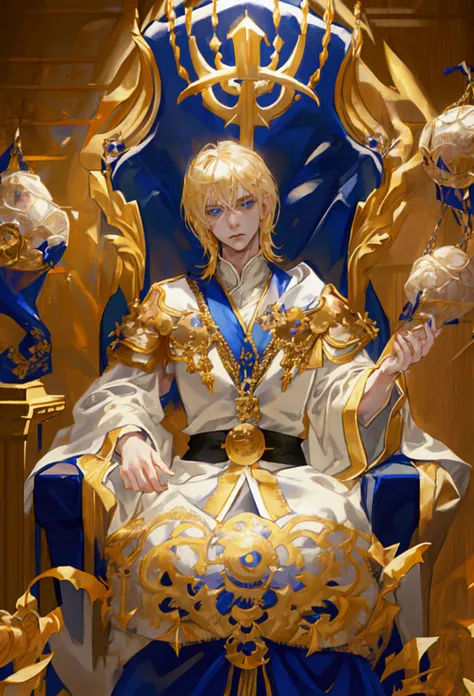 1 boy, throne, gilded clothing, white robes, 13 point star insignia, blonde hair, blue eyes, intense gaze, photorealistic, 8k, highly detailed, cinematic lighting, dramatic shadows, gold accents, luxurious textures, ornate details, epic fantasy, regal, pow...