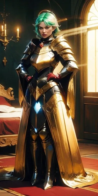 full body of paladin lady in ornate golden armor sitting on bed with open legs, black collar, pauldrons, breastplate, corset, golden glowing halo over head, short bob hair, GREEN HAIR, GREEN glowing eyes, bright pupils, eye focus, red cape, temple indoors,...