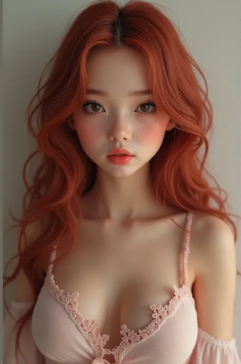 Create a girl of 1.63cm tall, with hourglass body, body, white skin color, with big breasts, long straight red violet hair, big dark brown eyes, small nose, pretty black eyebrows, long eyelashes, round face, normal lips