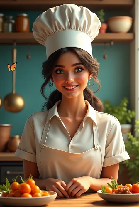 A girl who is a chef making kerala pickles is smiling with teeth and she is very beautiful, she is wearing a apron with a hat which is a chefs hat. She is looking at us. She is in kitchen but she has butterfly behind her  she looks Indian have blue eyes an...