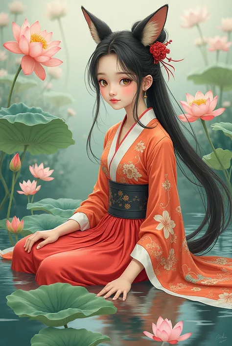 absurdrez, high resolution, extremely detaild, (1 girl:1.3), hand painted, simple lines,  16 year old wearing colorful Chinese Hanfu, sexy girl with fox ears, Near the lotus pond, work of art, sitting in the water, floating clothes, Flying hair