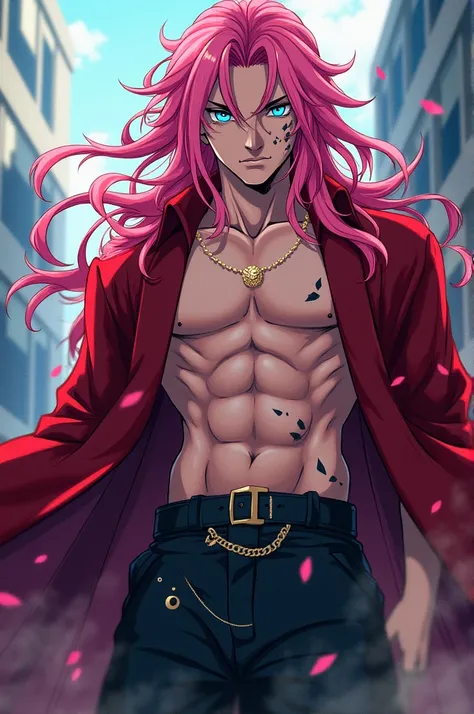 Man with long pink hair, sky blue eyes, He wears an open demon hunter uniform showing off his marked body, She wears a dark cherry red Haori that covers her bare skin., estilo kimetsu no yaiba, comic