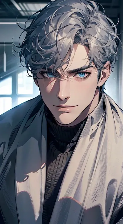 (best quality,4k,8k,highres,masterpiece:1.2),ultra-detailed,(realistic,photorealistic,photo-realistic:1.37),1 man,31 years old,mature man,very handsome,without expression,smile,short grey blue hair,blue eyes,penetrating gaze,perfect face without errors,imp...