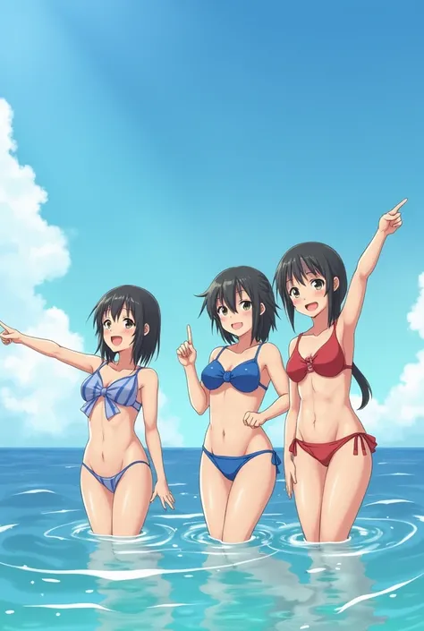 Japanese high school girls posing in swimsuits pointing、in the sea