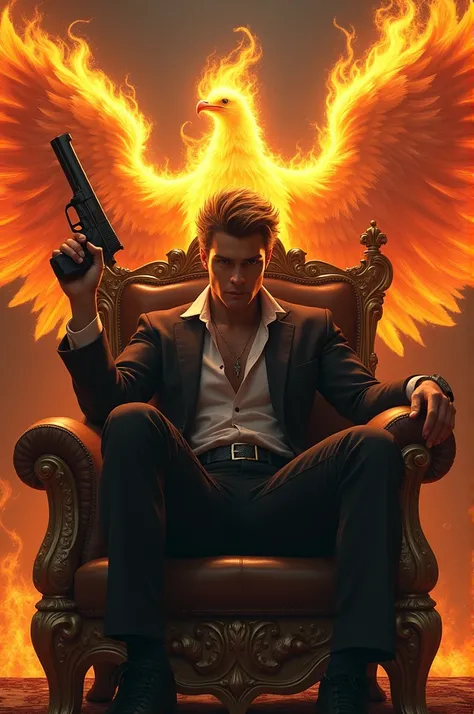 cool guy with wings hand gun and smokesit on a chair phoenix fire on side 