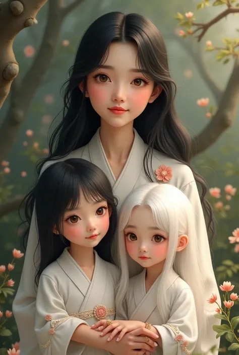 A black-haired woman with two white Chinese-haired daughters
