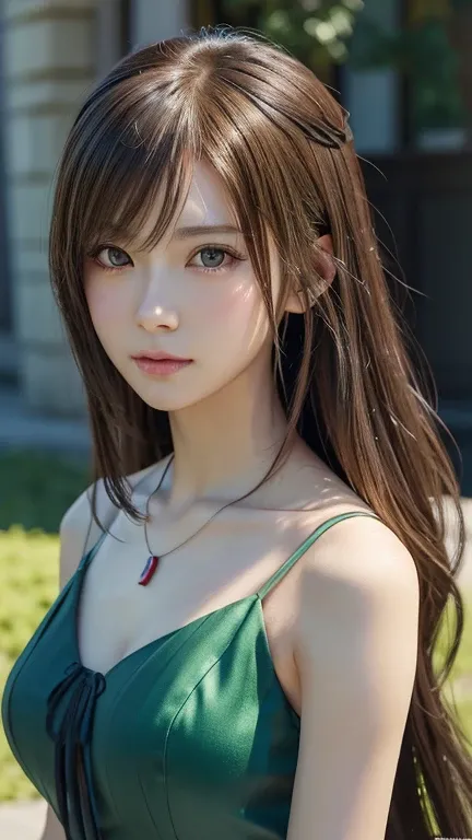 Close-up of a woman wearing a green dress and necklace, Gweiz-style artwork, Realistic Anime 3D Style, Beautiful anime portraits, Anime realism style, Detailed portrait of an anime girl, Beautiful character drawings, Jan J, Stunning Anime Face Portraits, R...