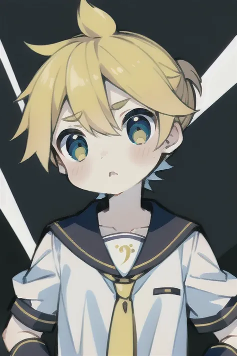 Highest quality, (high quality),eye highlights,arms are thin, thin body,own hands together,face,from front,(portrait),((very short hair)),look at viewer,droopy eyes,shy,Pouting mouth,open your mouth and laugh,(((chilled boy))), (1 boy),kagamine len,yellow ...