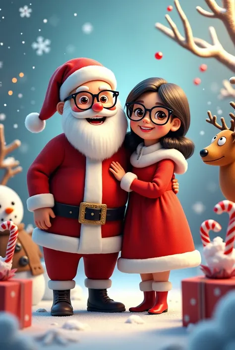 Santa Claus with his chubby wife wearing black glasses,black hair, Snowman, Snowflakes, candy canes, Christmas time,reindeer, Gingerbread man 