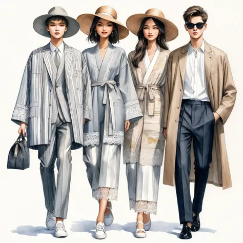 candid fashion illustration a group of young 2man and 1girl, aged 18-23 year old, tall and slender, mixed race male super model,...