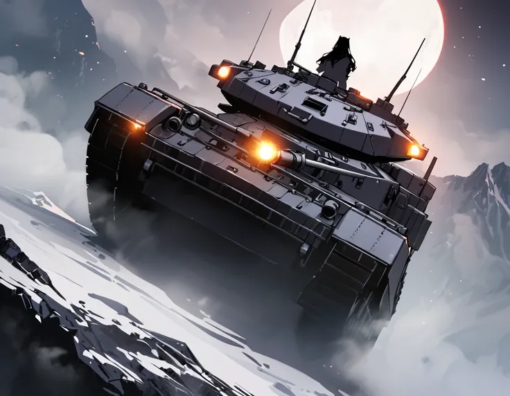 a silhouette picture of a Merkava tank on top of a snowy mountain watches the horizon at night, moon rays, some stars, fog of war, vibrant, Ultra-high resolution, High Contrast, (masterpiece:1.5), highest quality, Best aesthetics), best details, best quali...