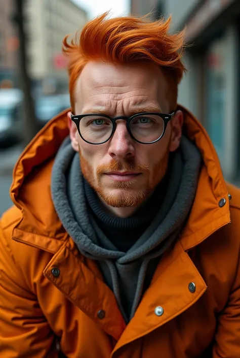 A 39 year old man with red hair and with grey eyes wearing orange jacket wearing glasses