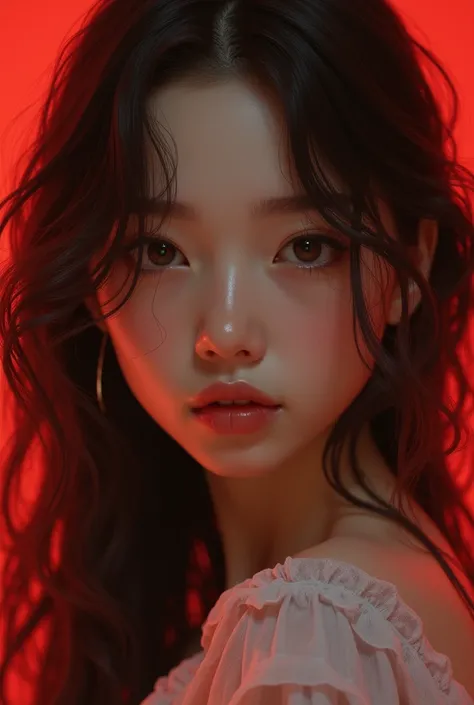 A girl with brown eyes, and wavy hair staring, very white, an adult appearance/adolescent .The background has to be red, your hair must be loose, an innocent and lonely look 