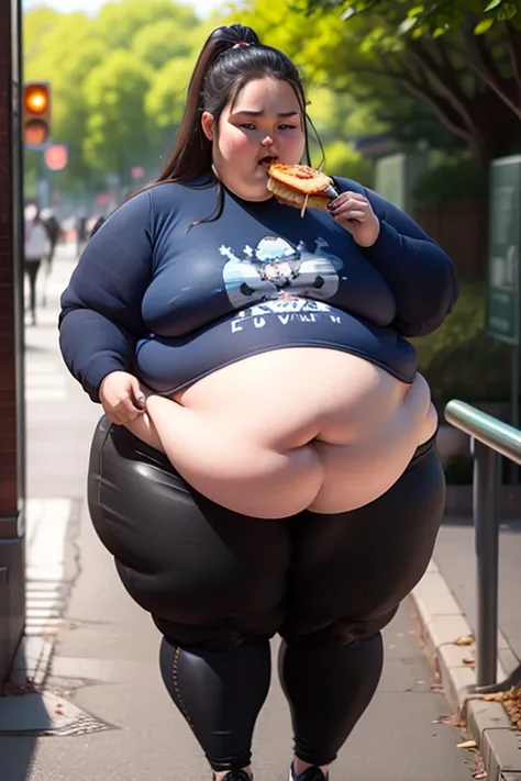 ((Best Quality)), ((4k Quality)), ((masterpiece)), (detailed), A girl with a sbbw body that is wearing a very tight leggins, as she starts to eat a lot