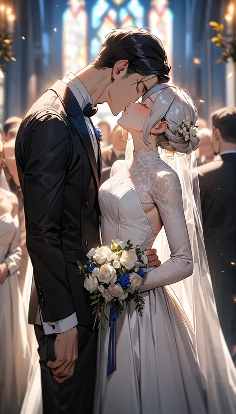 masterpiece, textured skin, high details, award winning, best quality, highres, 4K, (((head shot))),Beautiful groom and bride,groom in black hair, tall. Handsome,close eyes, bride in white hair, cute, close eyes,  Lined up next to each other,kiss eash othe...