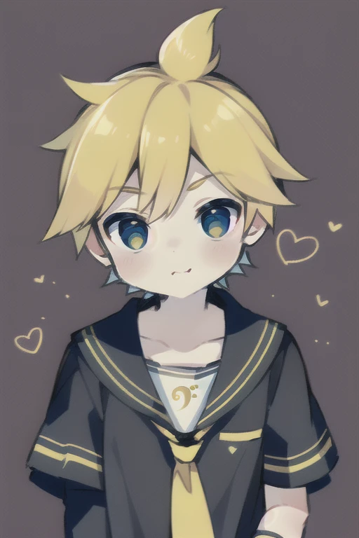 Highest quality, (high quality),eye highlights,arms are thin, thin body,own hands together,face,from front,(portrait),((very short hair)),look at viewer,droopy eyes,smile,Pouting mouth,open your mouth and laugh,(((chilled boy))), (1 boy),kagamine len,yello...