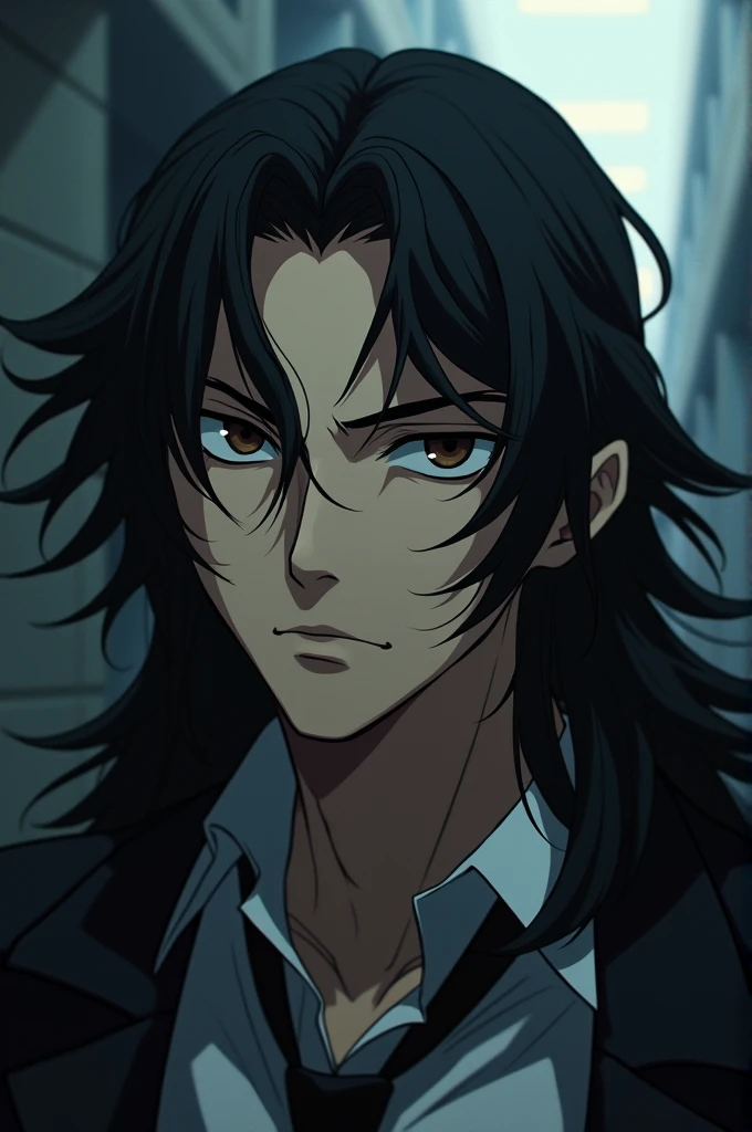 Create a male character with the style of the prison school anime with white skin, long black wavy hair and dark brown eyes and no beard or mustache 