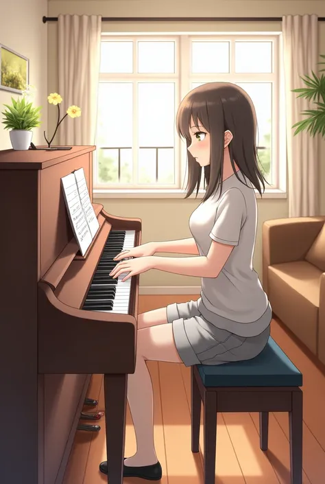 1girl, anime, playing the piano in a cozy living room, wearing a casual outfit, soft sunlight streaming through the windows, comfortable furniture and decor around her, music notes floating in the air