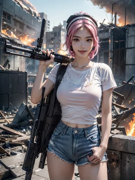 (Top quality，ultra HD，lifelike: 1.4)(Cowboy Shooter 1)，Beautiful armed girl， (K-Pop Idol) ，Detailed face，opposition，Perfect anatomy，Smooth skin，Professional lighting， ((Wearing a white T-shirt，Pink cap，Denim shorts，Short hair girl，High-tech headphones,)，Vi...