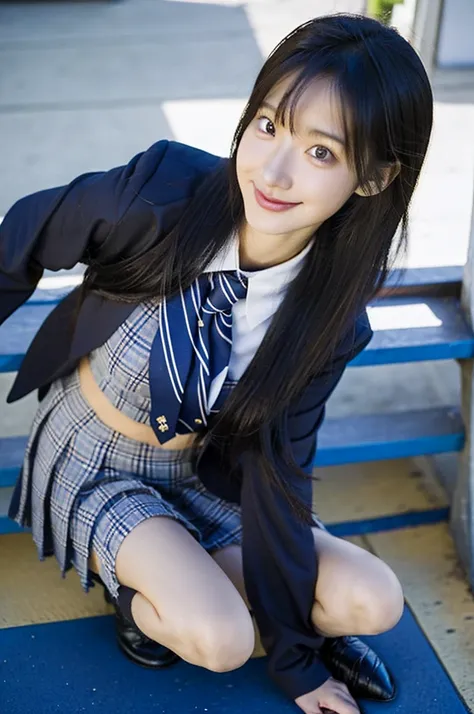 girl standing in a school classroom,blue tie uniform,dark blue blazer,blue plaid skirt,18-year-old,bangs,smile a little,thighs,k...