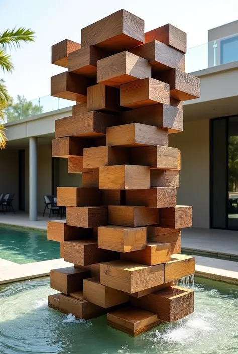 Water fountain made from 128 jenga-sized wooden pieces based on the style of Eduardo Chillida