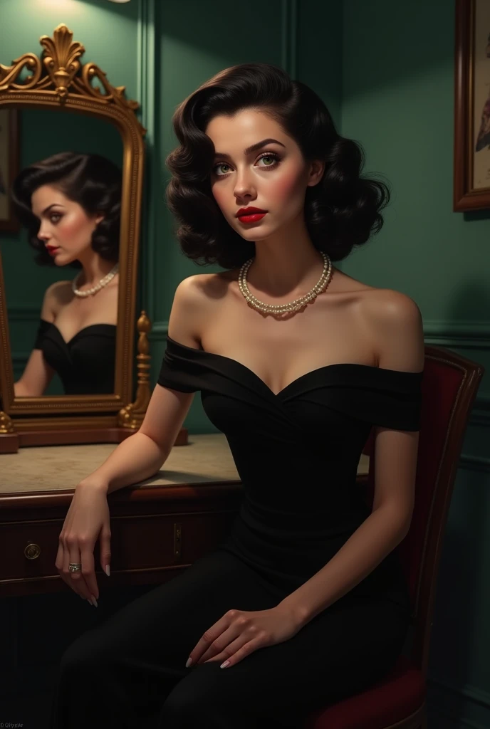 Create an image of a sophisticated and mysterious woman named Catherine, inspired by the 1940s noir aesthetic. She has wavy, shoulder-length dark hair, styled in classic Hollywood curls, and piercing green eyes. Her expression is confident and enigmatic. C...