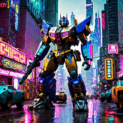 A transformer stands next to a heavily armored Cybertronian Tank, sci fi city scape with lots of neon trim
