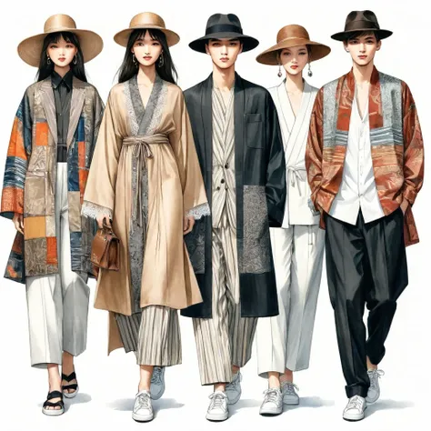 candid fashion illustration a group of young 2man and 1girl, aged 18-23 year old, tall and slender, mixed race male super model,...