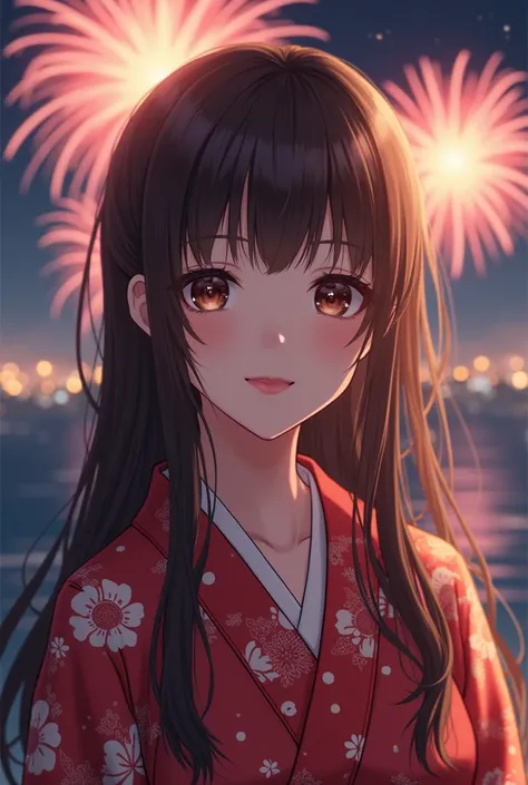 masterpiece, best quality, cute japanese female, solo, beautiful 25-years-old,  realistic, long hair, brown hair, brown eyes,  highest quality, 8K, incredibly absurd, highly detailed, night sky, print kimono, fireworks , smile, The tip of the tongue is vis...