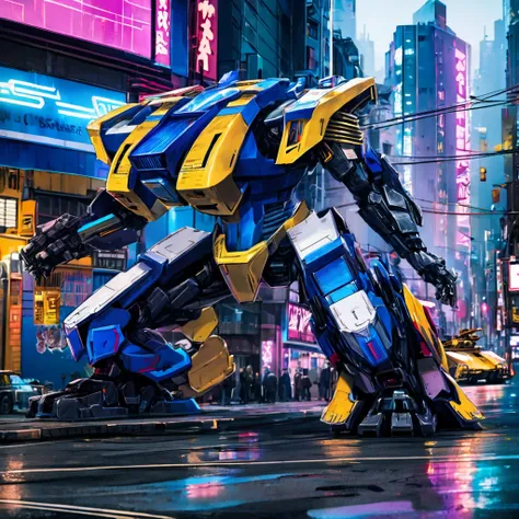 A transformer stands next to a heavily armored Cybertronian Tank, sci fi city scape with lots of neon trim
