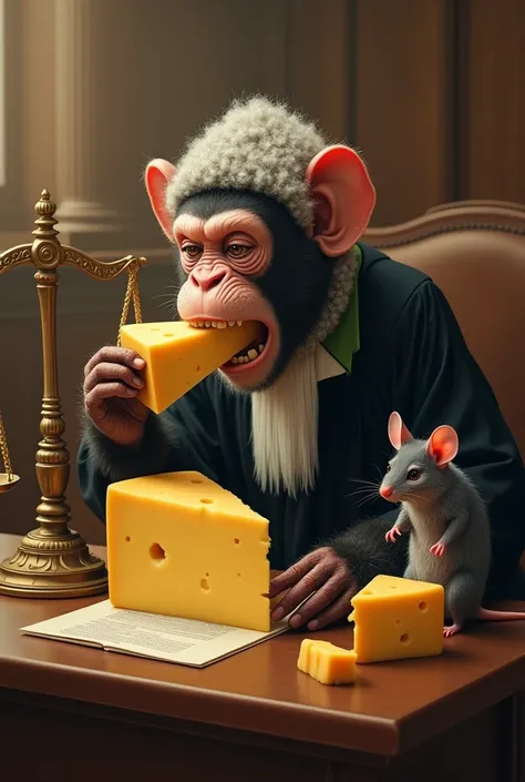 The monkey judge bit into a piece of cheese while the other piece of cheese was in a courtroom scale two angry mice witnessed the scene.