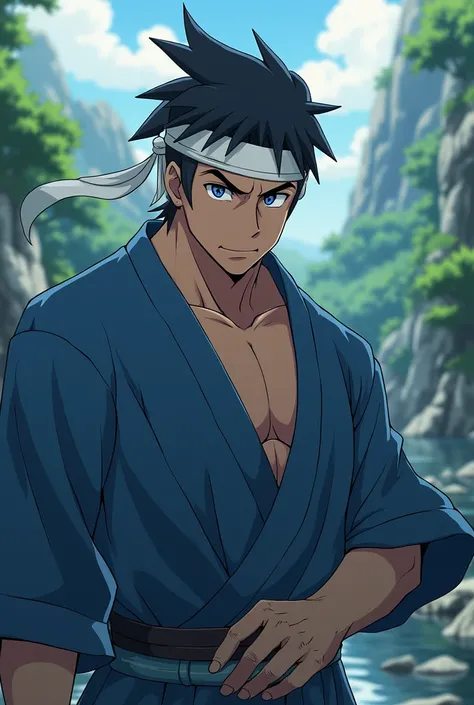 anime、Photographers POV、Chest to head、looking at the camera、male、Around 40 years old、Muscular build、Square face、Round Nose、short hair、No bangs、Black Hair、Blue Jinbei、White headband、Deep in the mountains、Thirsty、Chest to head、Fighting the snake