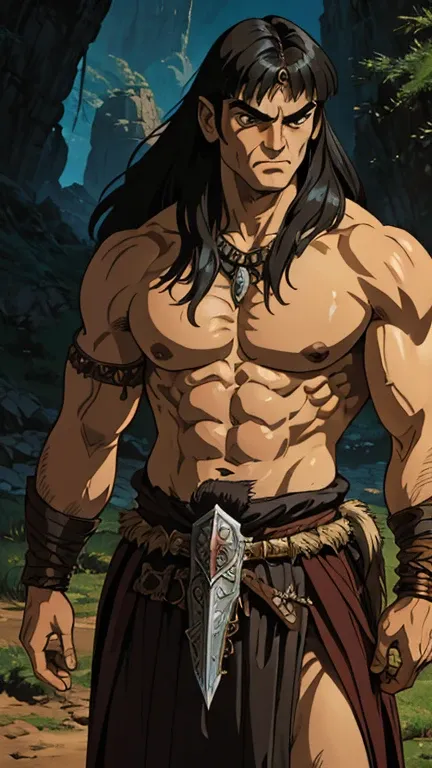 (1man, Conan the Barbarian, Fantasy Style), (extremely detailed CG unit 8k wallpaper),(master part), (best quality), (ultra detail), (best illustration),(melhor ombre), cowboy shot, (Sharp eyeliner, ombre, detailed eyes:1), middle earth, outdoors backgroun...