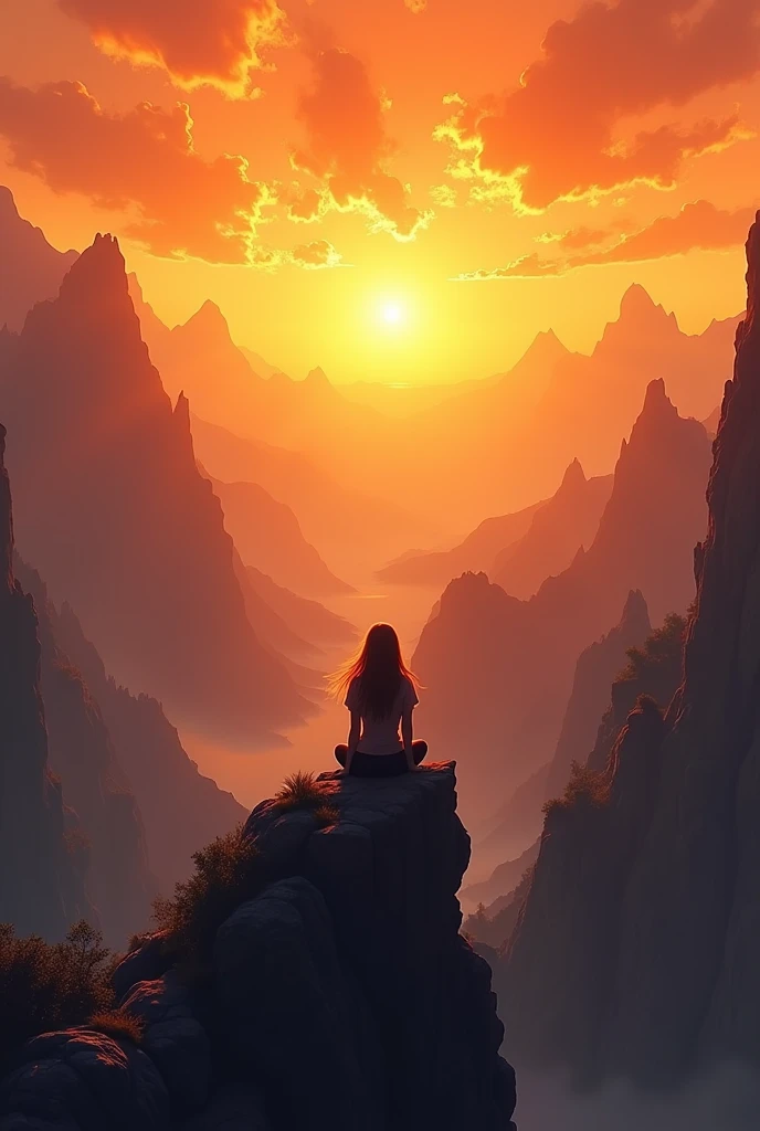 A large realistic horizontal landscape with a panoramic view of an orange sunset with mountains, on the highest peak of the mountain the shadow of a woman sitting on her back with her hair down watching the landscape illuminated by a glow