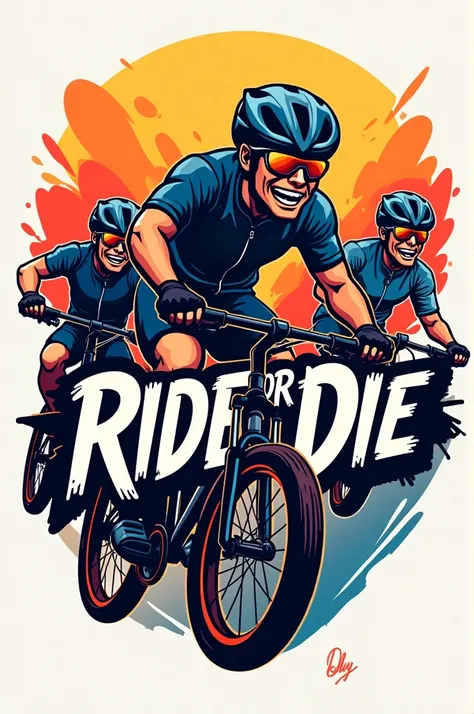 Create a cartoon style bike team logo that says ride or die