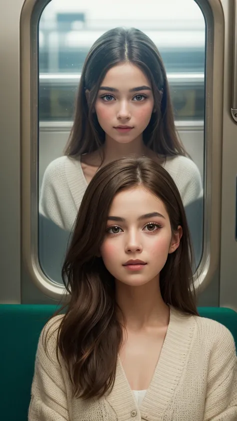 One girl, Looking Outside, in the train, Modern, relax, Intricate details, ((Beautiful Face)), (((Highest quality, masterpiece))),(((Realistic))),Get off the ramp