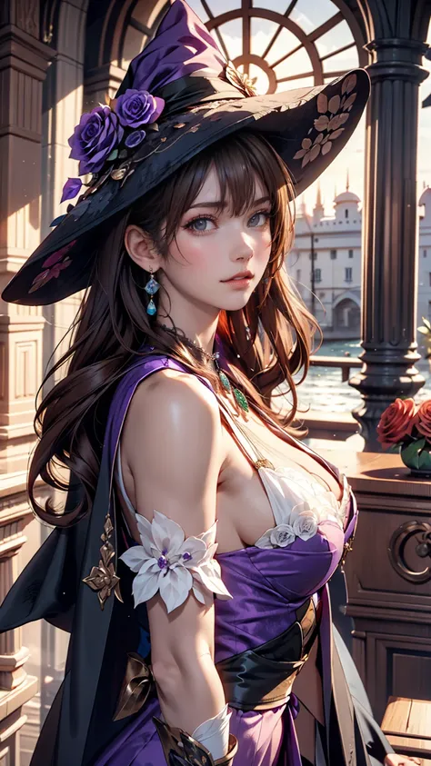 Beautiful girl, Perfect Face, Arms at your sides, masterpiece, Ultra-high resolution, high quality, 4K, Upper Body:1.5,  Lisa (Genshin Impact), urple witch hat, Green Eyes, Brown Hair, (Pure Eros Face_v1:0.008), (European:1.6), bangs, dress, Rose, jewelry,...