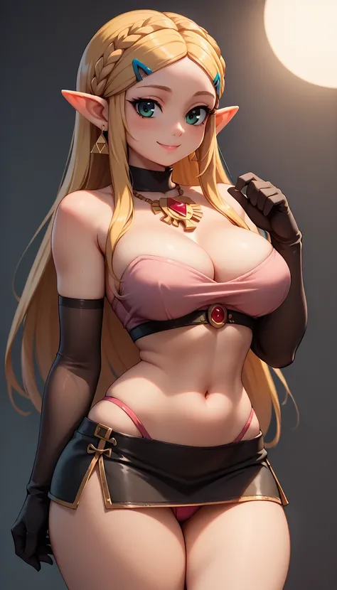 High resolution, Very detailed, perfect lighting, beautiful detailed eyes, ((masterpiece,Best Quality)), absurdities, alone, princess zelda, by the width, crown braid, Hair clip, pointy ears, Gloves without fingers, black gloves, smile, curves, nod, , deep...