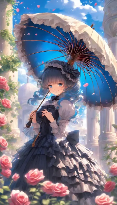 Gothic Lolita、Western Pavilion、parasol、smile、woman、Invite、Highest quality、Blue Rose Garden、Big Breasts、valley、Fantasy、