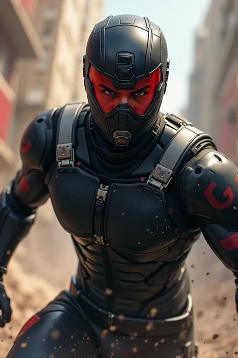 Imagine Paul in the middle of an intense battle, dressed in a black tactical suit, adjusted to the body, made of a resistant material, but light, that allows freedom of movement. The suit has gray and red details, with a partial mask covering the lower hal...