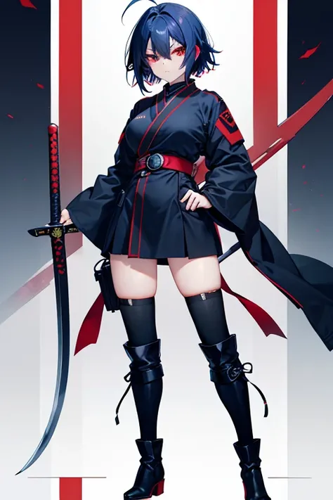 Red eyes, Bob Hair, Large Breasts, Navy Blue Hair, Inner Color, Black Ninja Uniform,anger, Holding the Sword,Ahoge, whole body　short boots