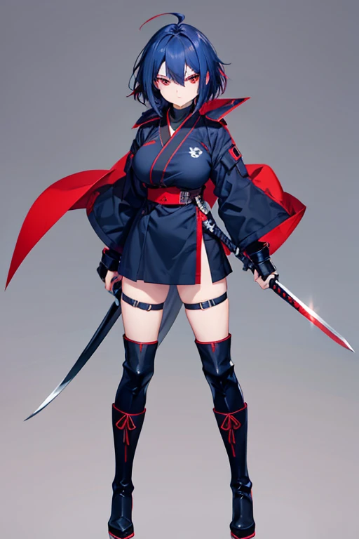 Red eyes, Bob Hair, Large Breasts, Navy Blue Hair, Inner Color, Black Ninja Uniform,anger, Holding the Sword,Ahoge, whole body　short boots