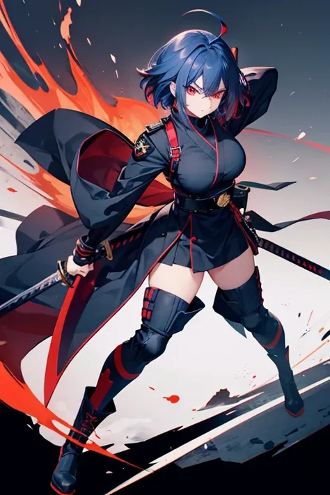 Red eyes, Bob Hair, Large Breasts, Navy Blue Hair, Inner Color, Black Ninja Uniform,anger, Holding the Sword,Ahoge, whole body　short boots