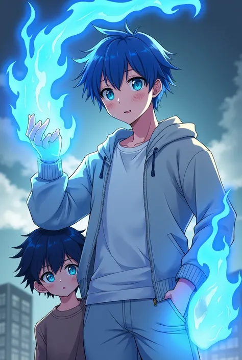 A young man who has blue eyes like his hair. He has a sweatshirt and a white t-shirt underneath., He also has some comfortable pants. Has a blue fire power, anime. He has a mark on his left cheek in the shape of inverted spikes., the two are together while...