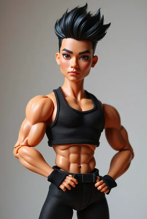 Bratz male doll posing as a model, with black hair in a tuft and brown Asian eyes, in gym clothes and showing off muscular arms and big bulge