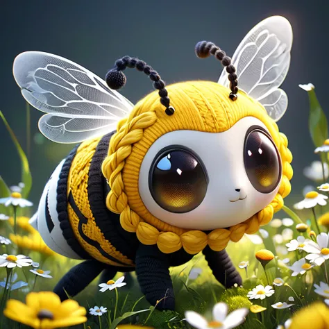 cute knitted bee character, (ultra detailed, absolutely resolution, best quality:1.3), 2.5D, delicate and dynamic, graphic CG digital fantasy art