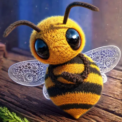 cute knitted bee character, (ultra detailed, absolutely resolution, best quality:1.3), 2.5D, delicate and dynamic, graphic CG digital fantasy art