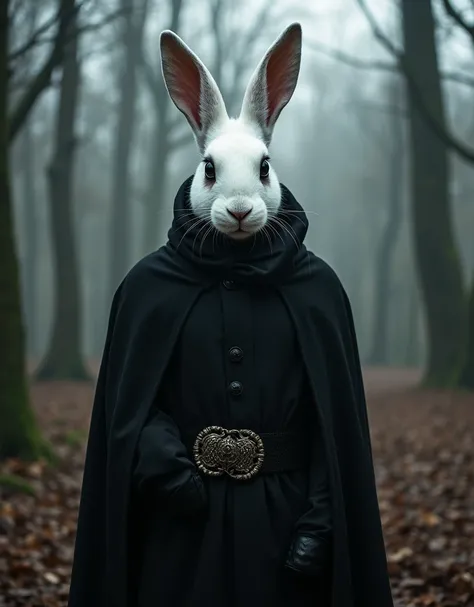 dark fantasy, White rabbit-man with completely black eyes and black clothes, forest and castle background , ritual